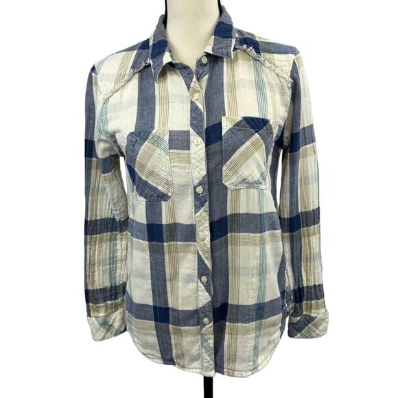 Dylan Ivory Plaid Frayed Hem Pocket Button Long Sleeve Sz S MSRP $120 - Picture 2 of 14